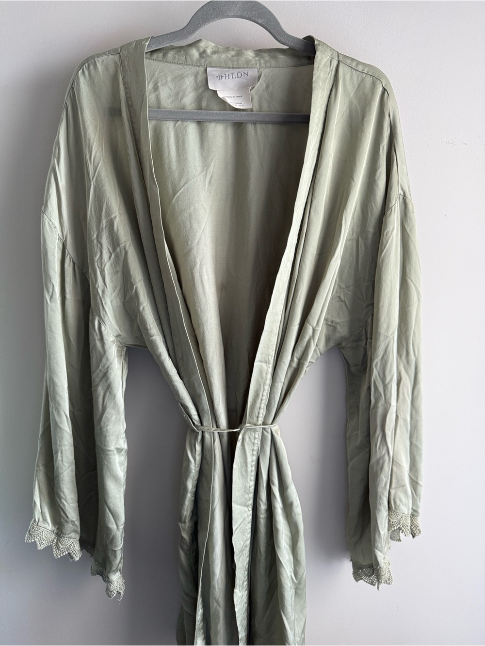 BHLDN Light Sage Satin Robe with Lace Cuffs